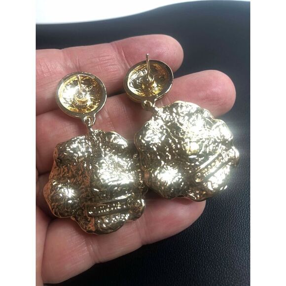 2553 Monet Gold tone Enamel flower dangle 2" drop Earrings - Picture 2 of 2